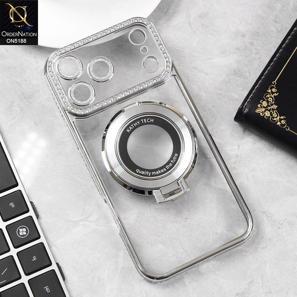 iPhone 17 Pro Max Cover - Silver - Luxury Diamond Rhinestones Color Electroplating Borders Magsafe Magnetic Stand Holder Soft Clear Case With Camera Protection