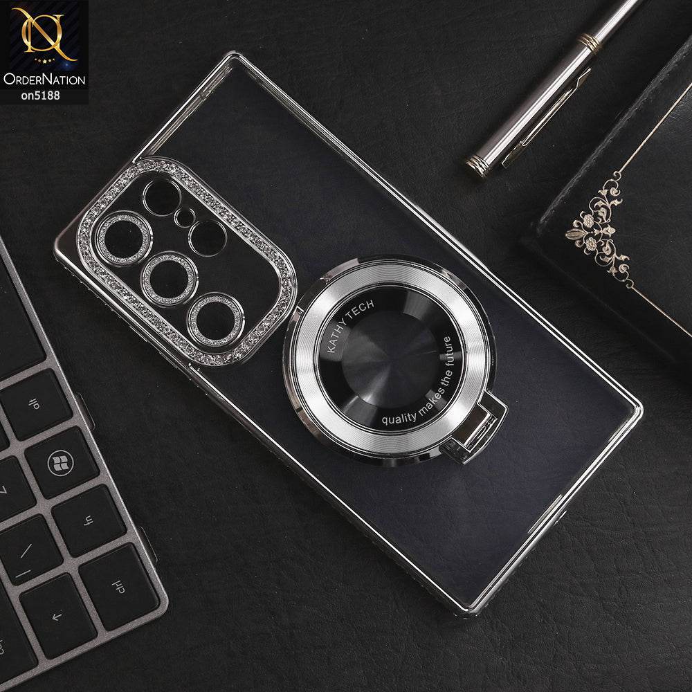 Samsung Galaxy S24 Ultra Cover - Silver - Luxury Diamond Rhinestones Color Electroplating Borders Magsafe Magnetic Stand Holder Soft Clear Case With Camera Protection - Futurestore.pk