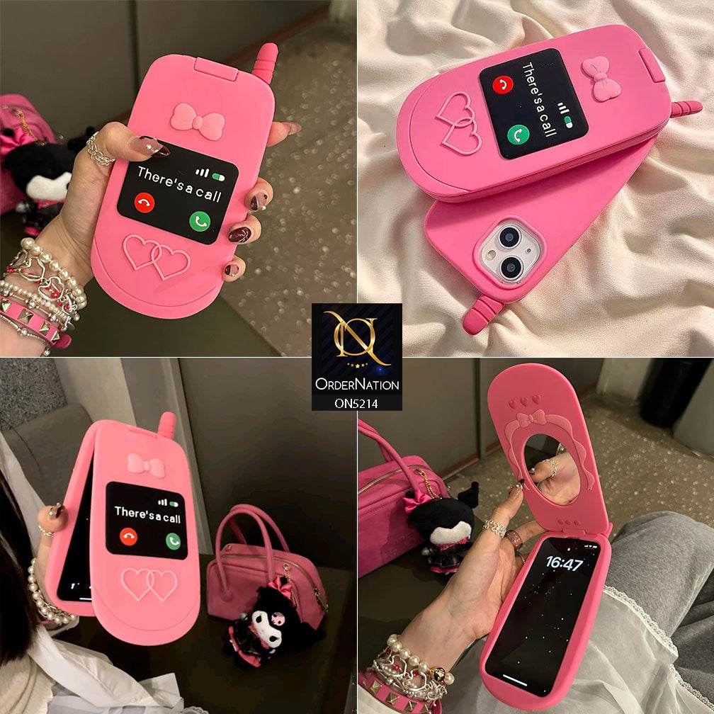 iPhone 13 Cover - Pink - Cute 3D Kawaii Retro Flip Phone Style Soft Silicone Case With View Mirror - Futurestore.pk