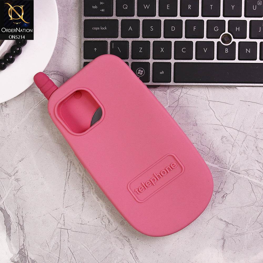 iPhone 13 Cover - Pink - Cute 3D Kawaii Retro Flip Phone Style Soft Silicone Case With View Mirror - Futurestore.pk