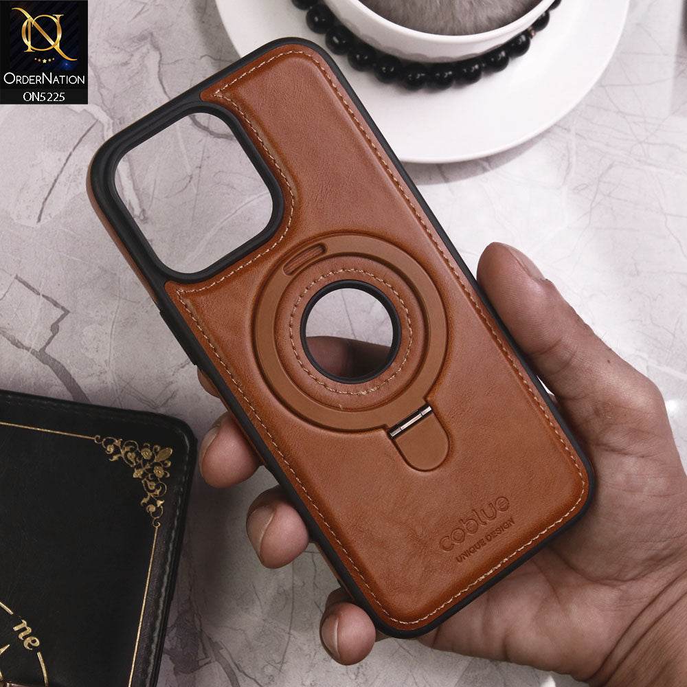 iPhone 16 Pro Max Cover - Light Brown - Luxury Coblue Primum Leather Back Wireless Magsafe Charger Kickstand Bracket Holder Soft Border Case With Logo Hole - Futurestore.pk
