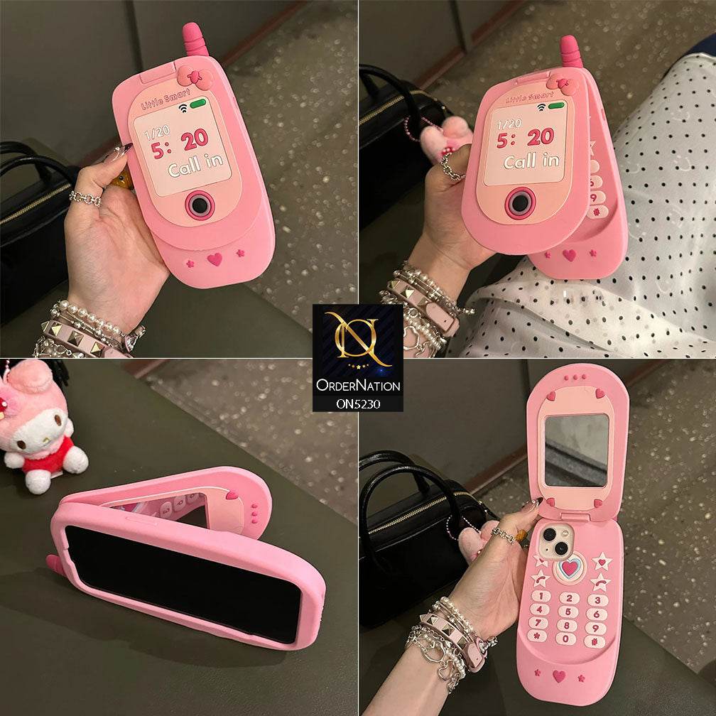 iPhone 13 Cover - Pink - Cute 3D Retro Mirror Flip Phone Style Soft Silicone Case - Futurestore.pk