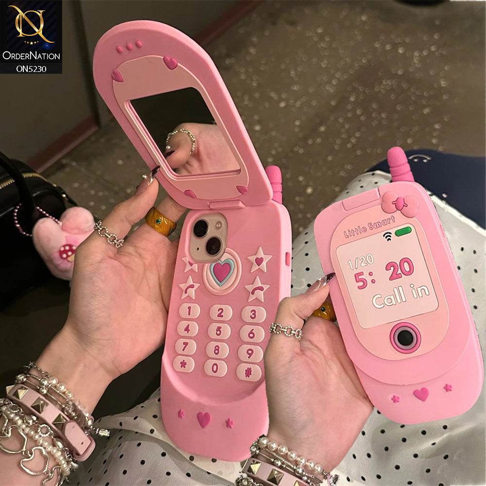 iPhone 13 Cover - Pink - Cute 3D Retro Mirror Flip Phone Style Soft Silicone Case - Futurestore.pk