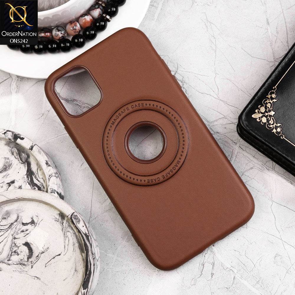 iPhone 11 Cover - Light Brown - Luxury Pu Leather Texture Magsafe Soft Border Protective Case With Logo Hole - Futurestore.pk