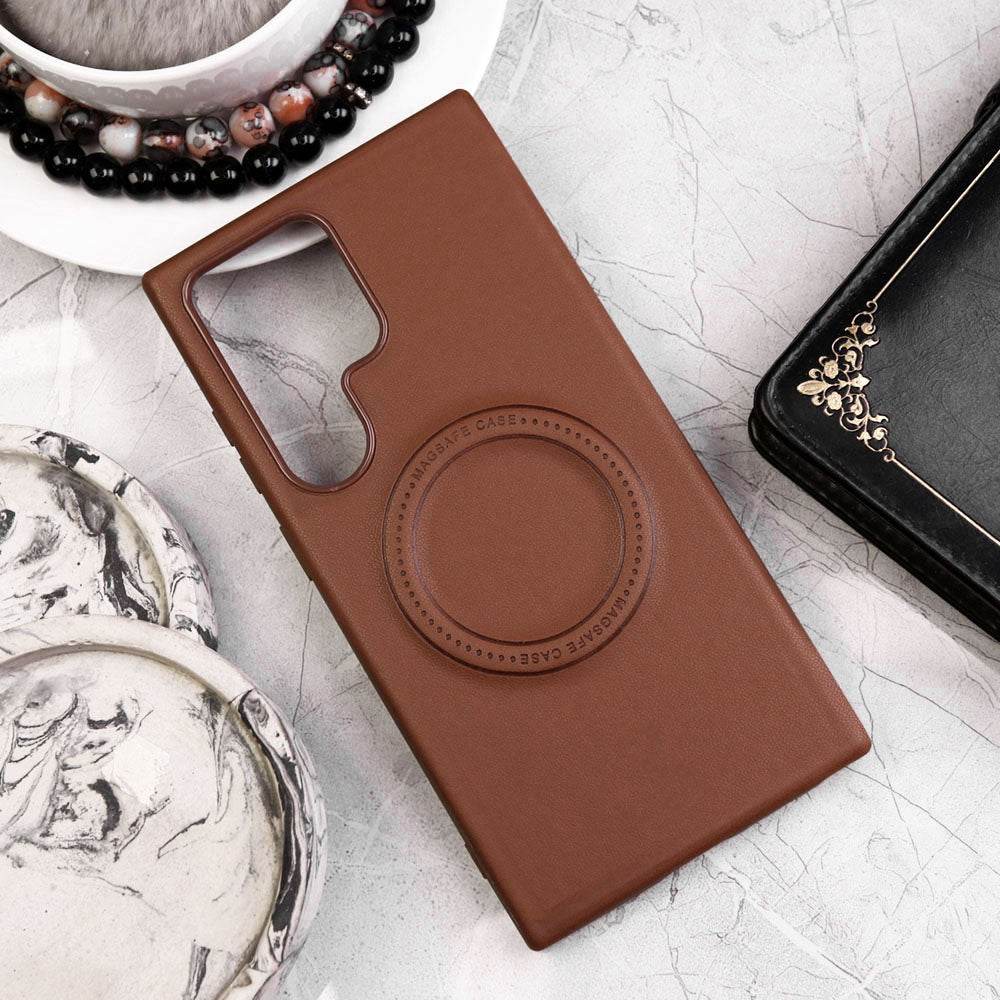 Samsung Galaxy S24 Ultra Cover - Light Brown - Luxury Pu Leather Texture Magsafe Soft Border Protective Case With Logo Hole - Futurestore.pk