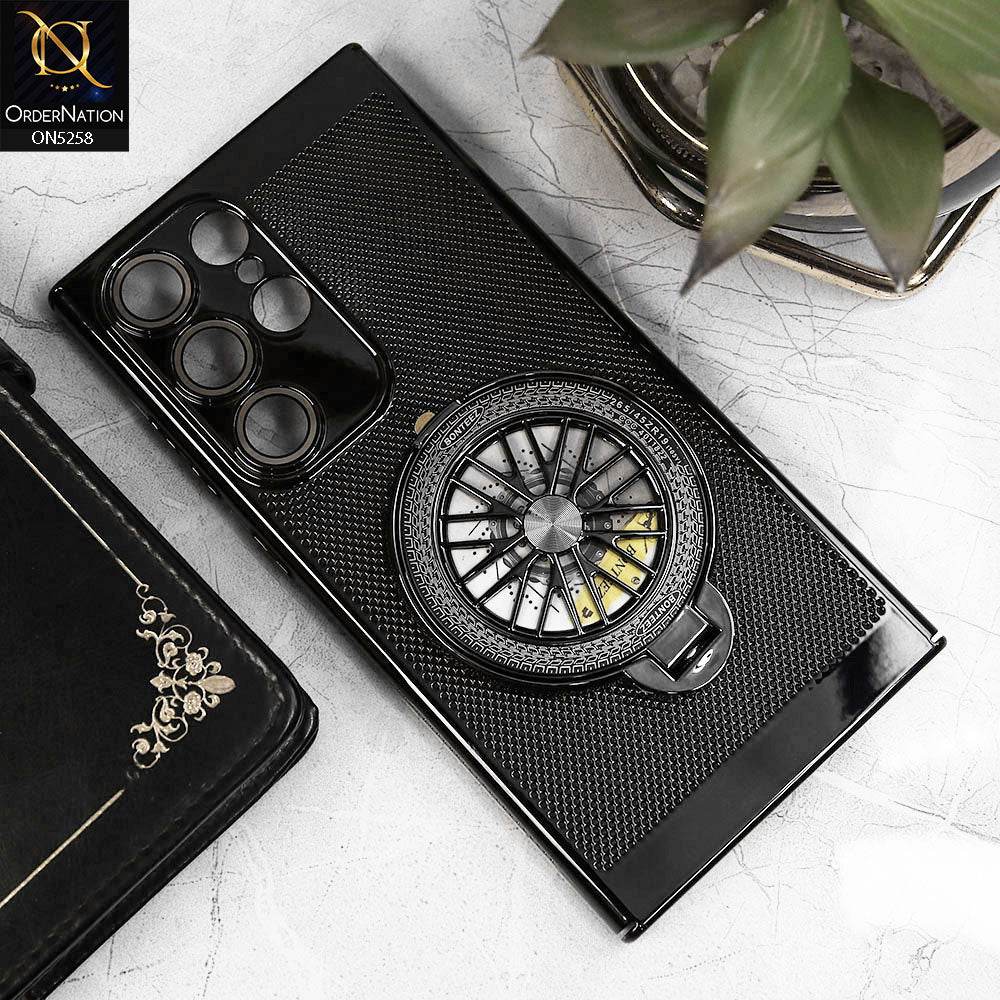 Samsung Galaxy S24 Ultra Cover - Black - New Breathing Mesh Hard Shell Protective Case With Spin Rotating Wheel Kickstand Holder