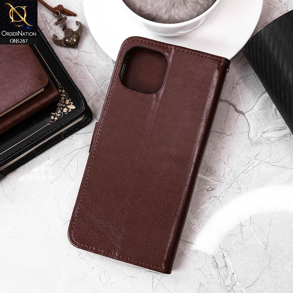 iPhone 13 Cover - Brown - Premium PU Leather Magnetic Flip Book Card Slots Wallet Soft Case - Futurestore.pk