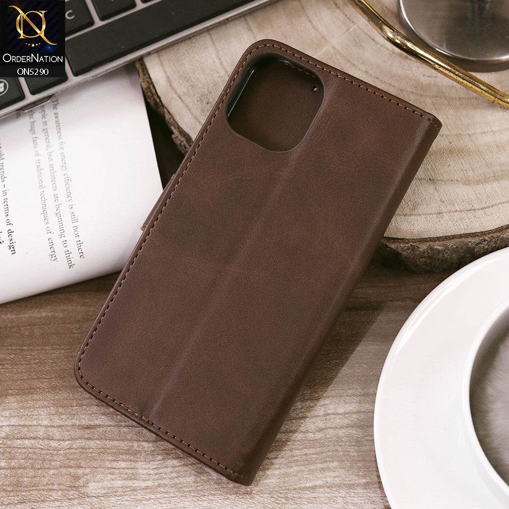 iPhone 13 Cover - Dark Brown - Premium Business Series Magnetic Leather Wallet Flip book Card Slots Soft Case - Futurestore.pk