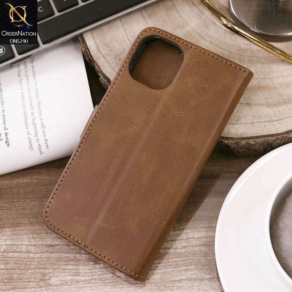iPhone 13 Cover - Light Brown - Premium Business Series Magnetic Leather Wallet Flip book Card Slots Soft Case - Futurestore.pk
