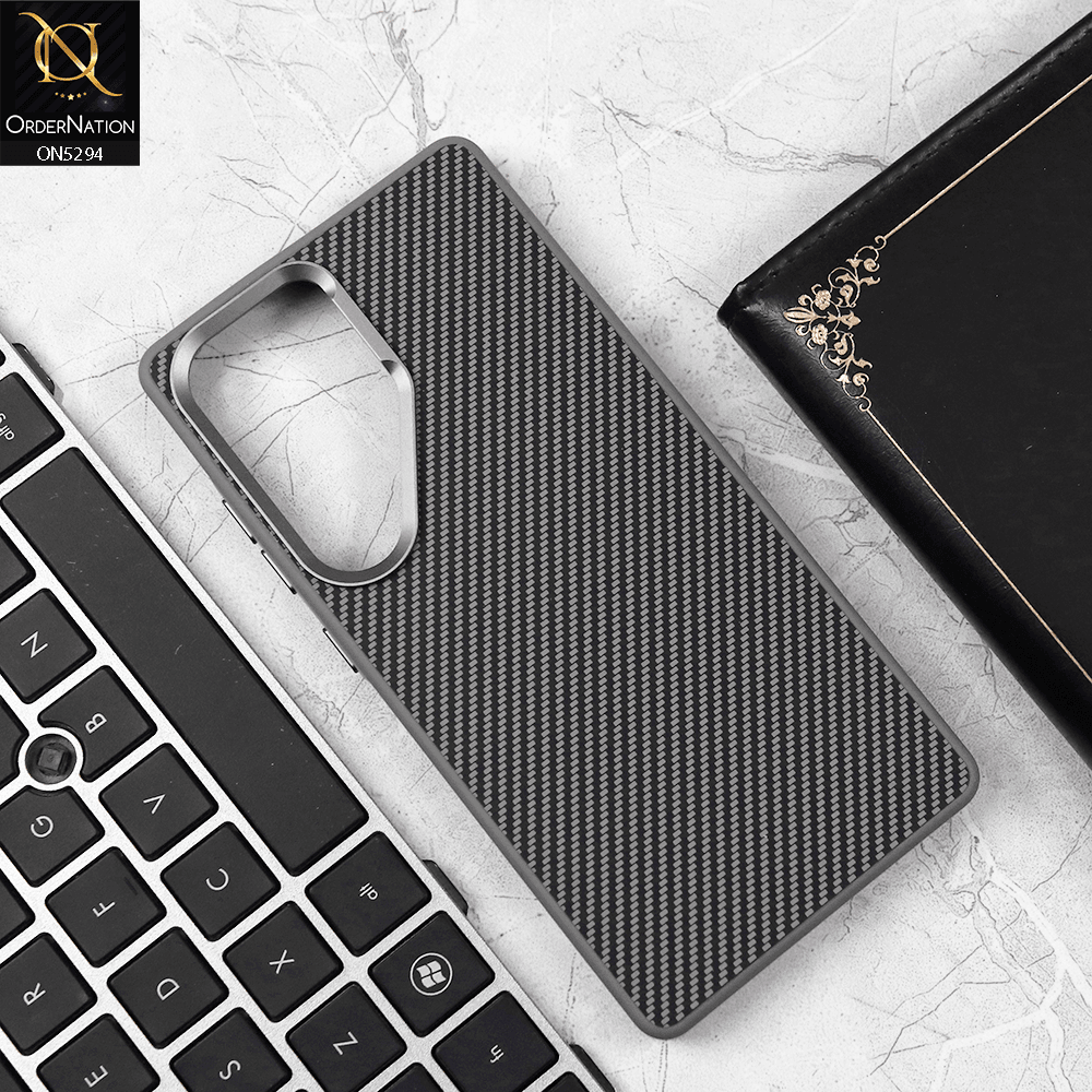 Samsung Galaxy S25 Ultra Cover - Gray - Carbon Fiber Design Metal Camera Ring Style Soft Border Case