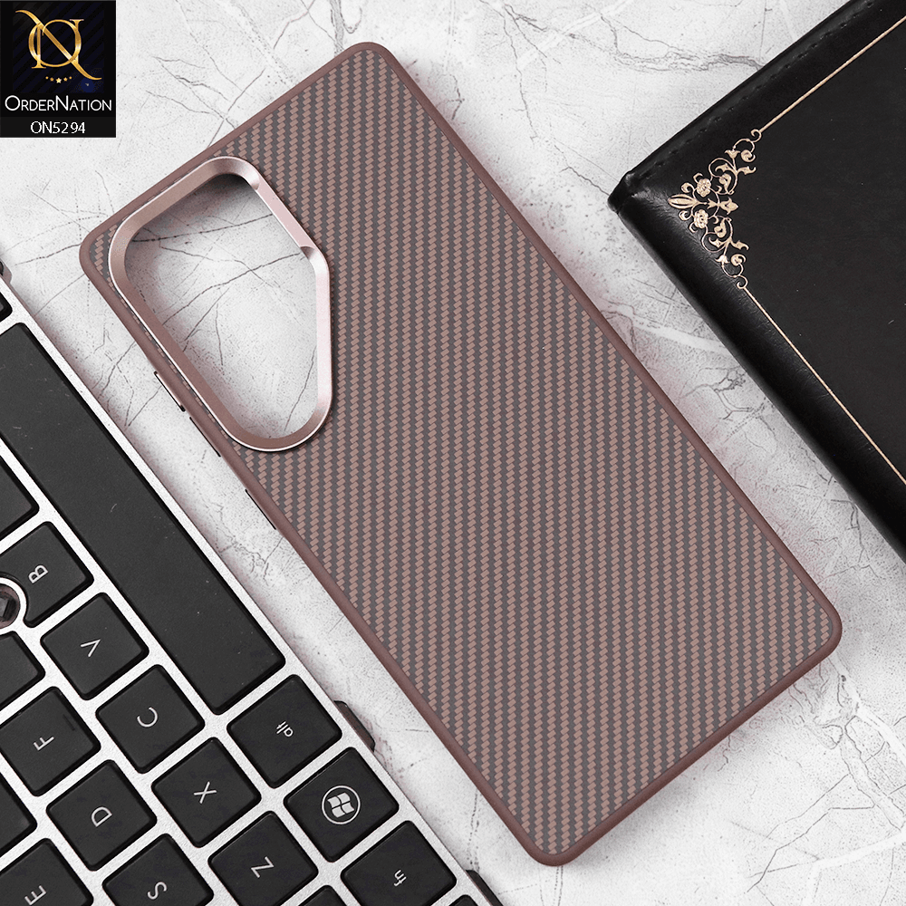 Samsung Galaxy S25 Ultra Cover - Rose Gold - Carbon Fiber Design Metal Camera Ring Style Soft Border Case