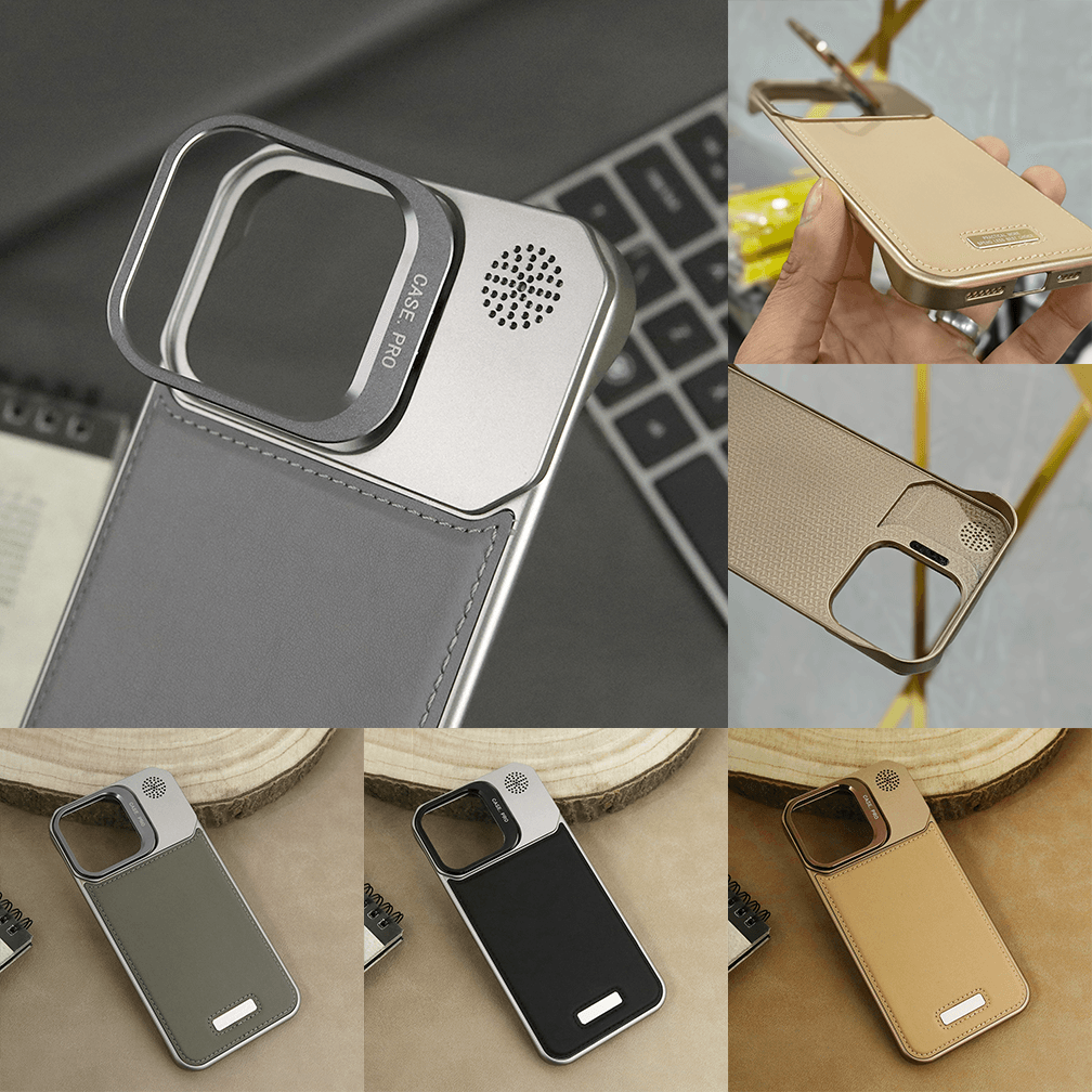 iPhone 16 Pro Max Cover - Black - Luxury Rimless Aluminum Metal Leather Back With Camera Stand Case - Futurestore.pk