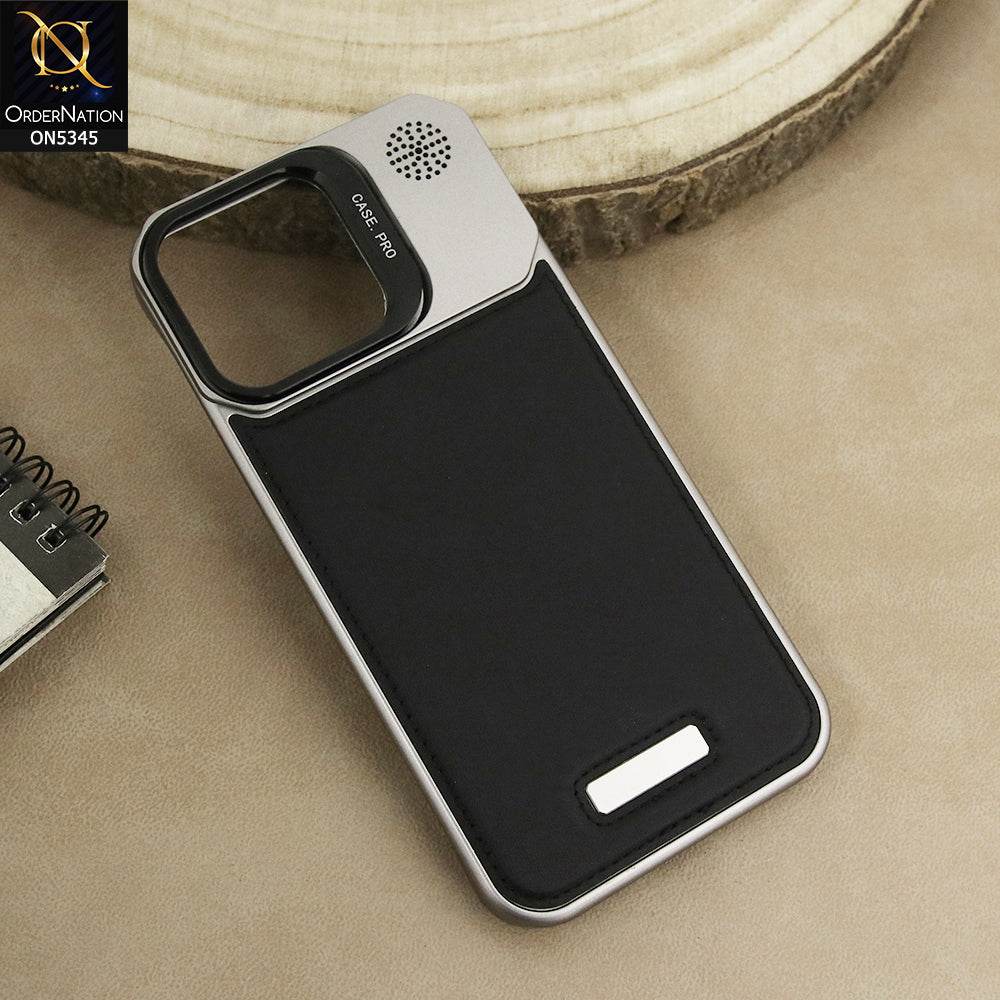 iPhone 16 Pro Max Cover - Black - Luxury Rimless Aluminum Metal Leather Back With Camera Stand Case - Futurestore.pk