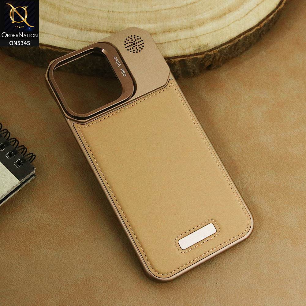 iPhone 16 Pro Max Cover - Desert Titanium - Luxury Rimless Aluminum Metal Leather Back With Camera Stand Case - Futurestore.pk