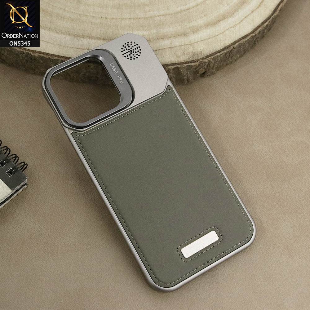 iPhone 16 Pro Max Cover - Natural Titanium - Luxury Rimless Aluminum Metal Leather Back With Camera Stand Case - Futurestore.pk
