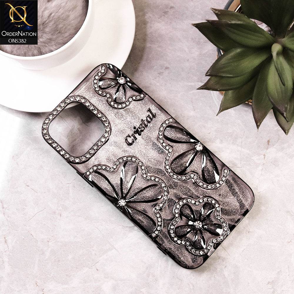 iPhone 16 Pro Max Cover - Black - Elegant Crystal Rhinestones Flower Dual Tone Glitter Shine Case (Glitter Does not Move) - Futurestore.pk