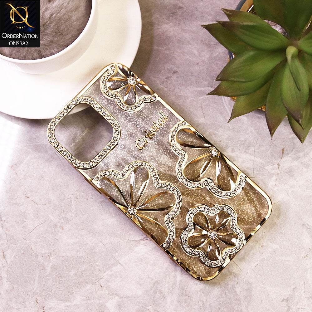 iPhone 16 Pro Max Cover - Golden - Elegant Crystal Rhinestones Flower Dual Tone Glitter Shine Case (Glitter Does not Move)