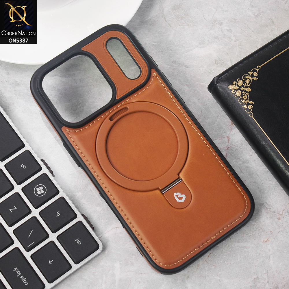 iPhone 17 Pro Max Cover - Brown - Luxury Leather Case Supports Magsafe Wireless Charging, Kickstand Bracket Holder Soft Border Case