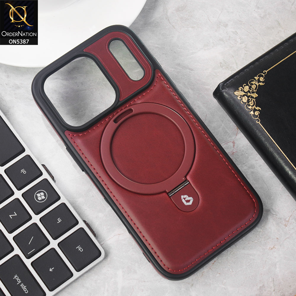 iPhone 17 Pro Max Cover - Maroon - Luxury Leather Case Supports Magsafe Wireless Charging, Kickstand Bracket Holder Soft Border Case