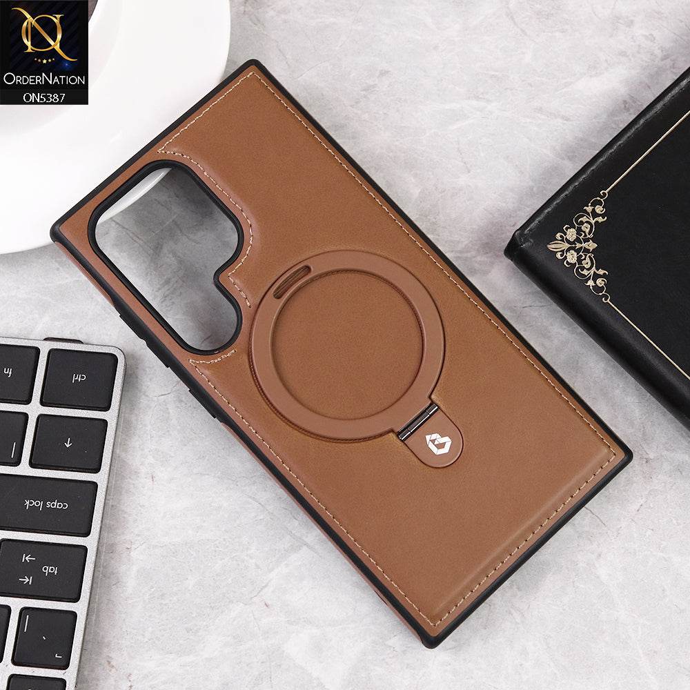 Samsung Galaxy S24 Ultra Cover - Brown - Luxury Leather Case Supports Magsafe Wireless Charging, Kickstand Bracket Holder Soft Border Case - Futurestore.pk