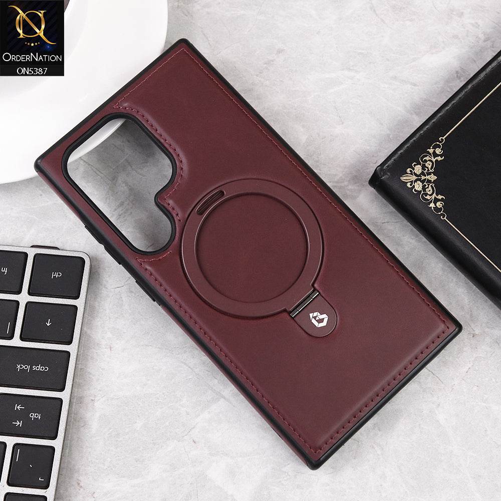 Samsung Galaxy S24 Ultra Cover - Maroon - Luxury Leather Case Supports Magsafe Wireless Charging, Kickstand Bracket Holder Soft Border Case - Futurestore.pk