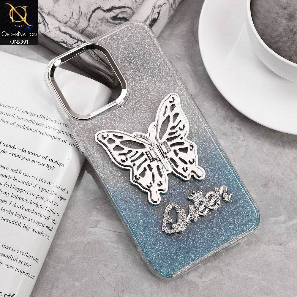 iPhone 16 Pro Max Cover - Blue - Trendy Queen Dual Tone Gradient Gliter Shiny Soft Case With Butterfly Kickstand Holder (Gliter Does Not Move) - Futurestore.pk