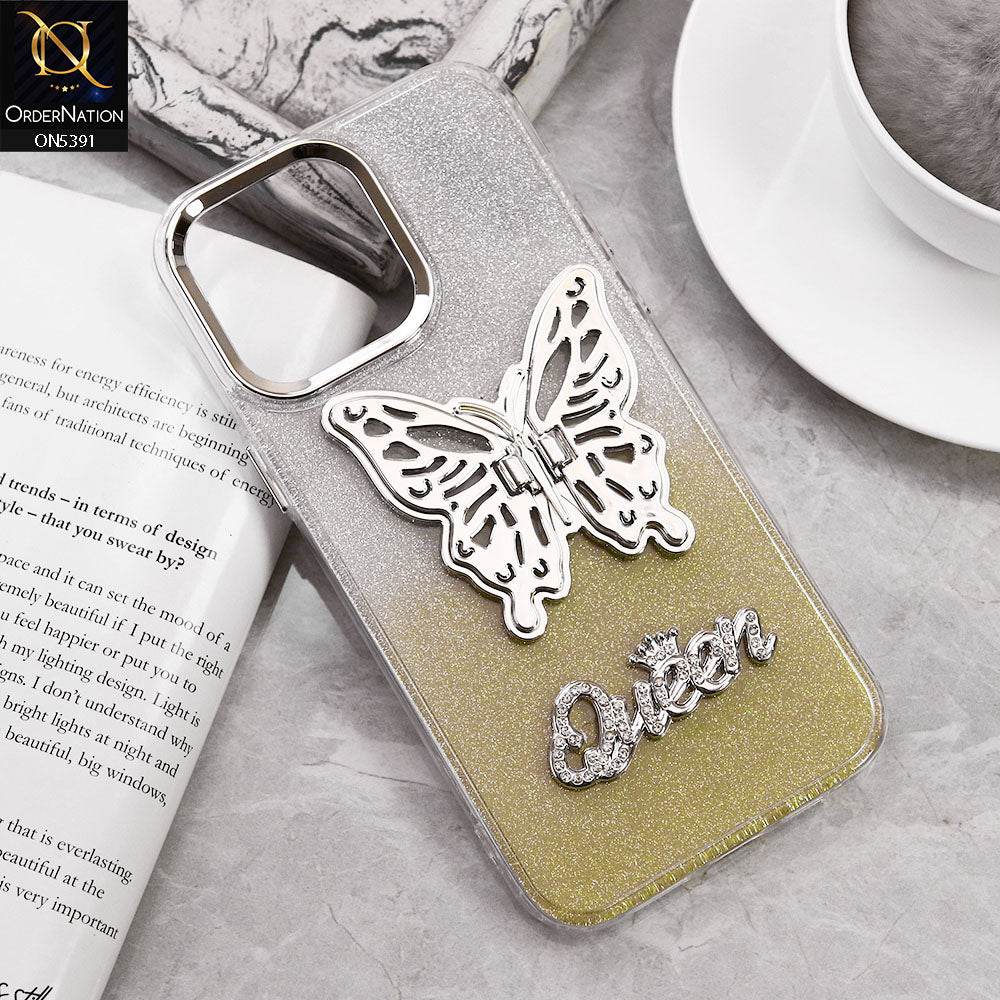iPhone 16 Pro Max Cover - Golden - Trendy Queen Dual Tone Gradient Gliter Shiny Soft Case With Butterfly Kickstand Holder (Gliter Does Not Move) - Futurestore.pk