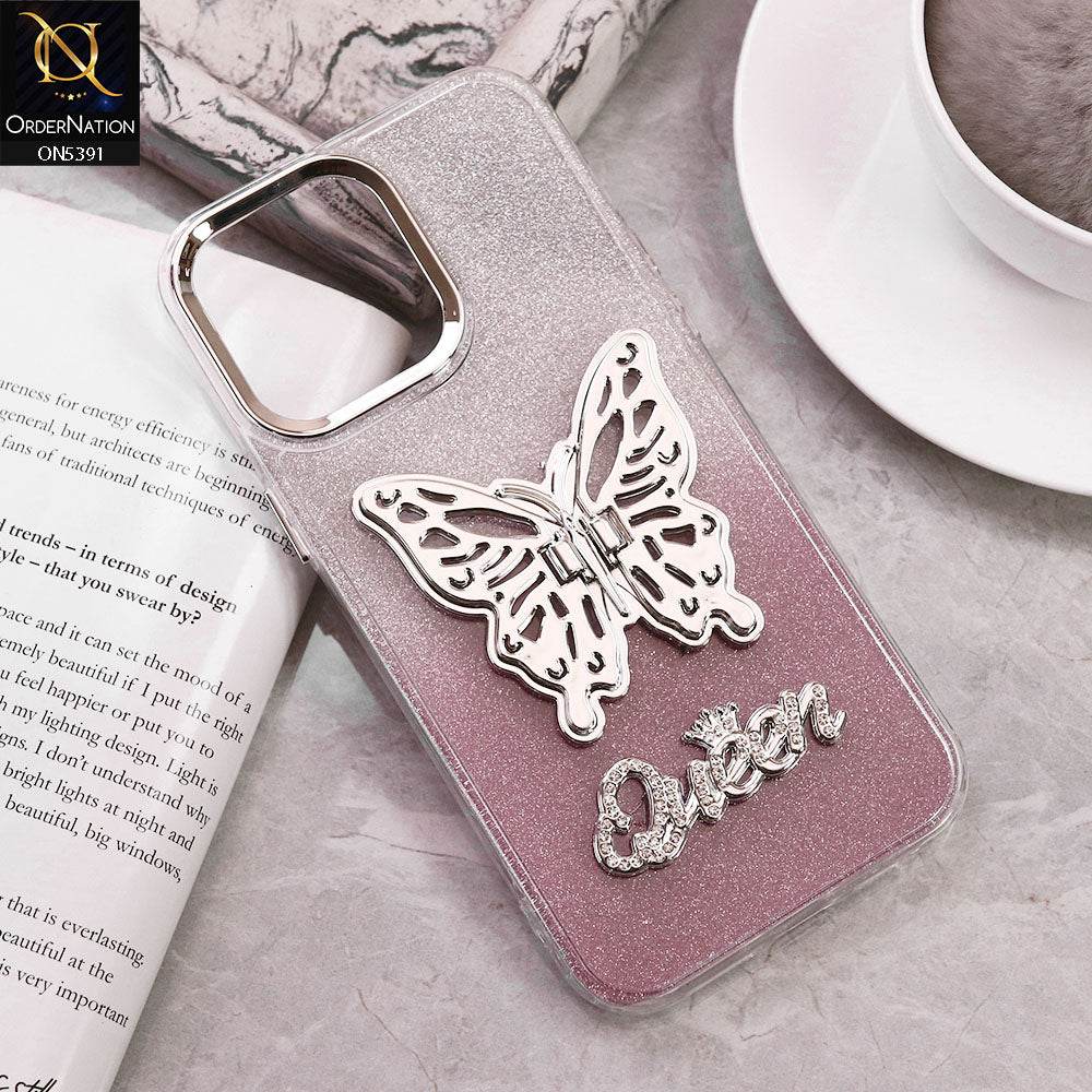 iPhone 16 Pro Max Cover - Pink - Trendy Queen Dual Tone Gradient Gliter Shiny Soft Case With Butterfly Kickstand Holder (Gliter Does Not Move) - Futurestore.pk