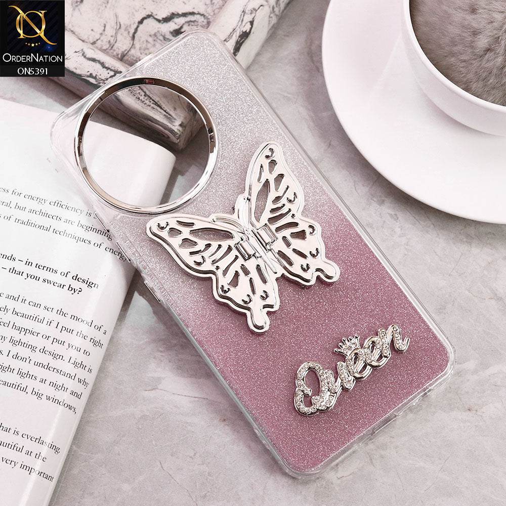 Tecno Spark 30 Pro Cover - Pink - Trendy Queen Dual Tone Gradient Gliter Shiny Soft Case With Butterfly Kickstand Holder (Gliter Does Not Move) - Futurestore.pk