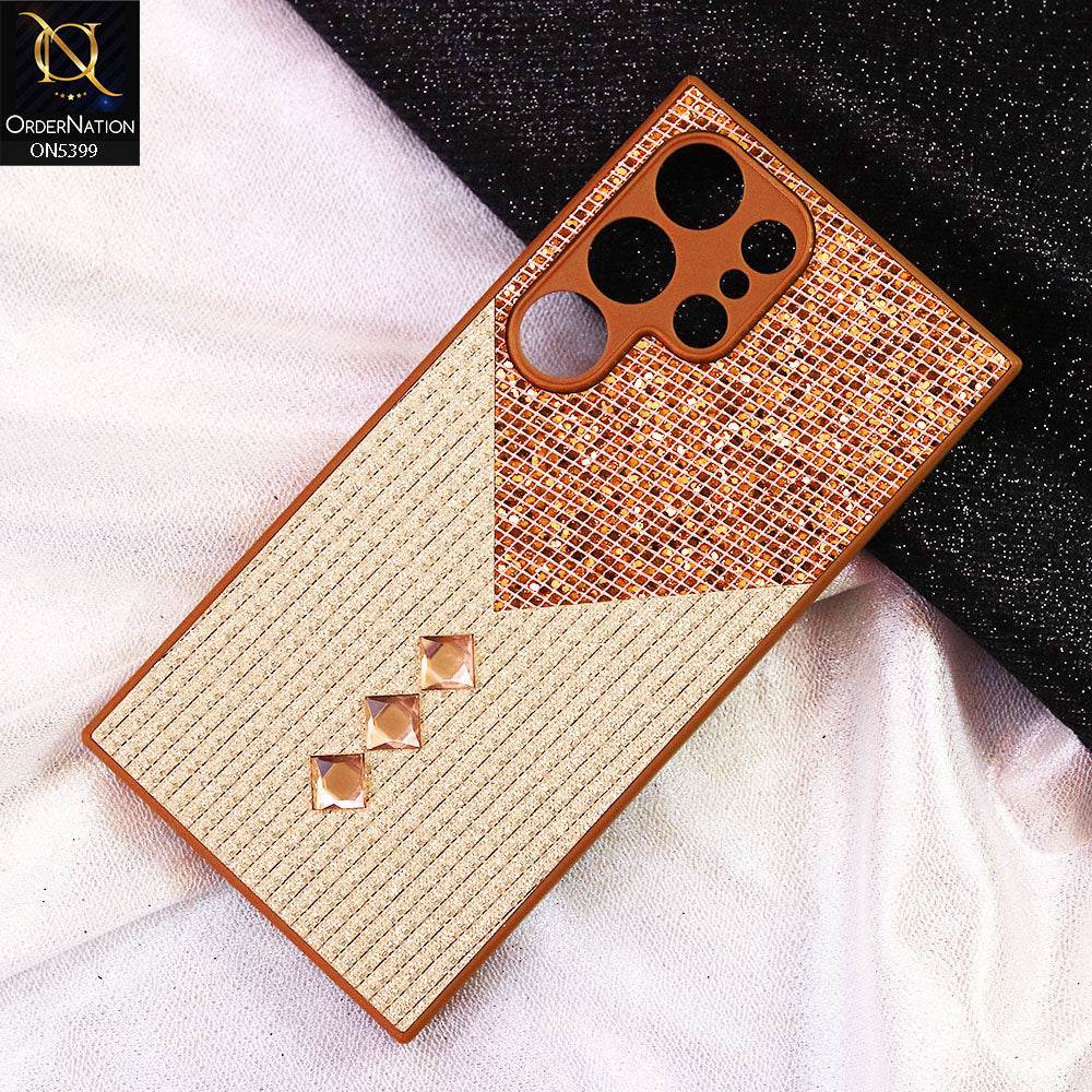 Samsung Galaxy S24 Ultra Cover - Brown - Luxury 3D Woven Pattern Shiny Soft Case With Camera Protection