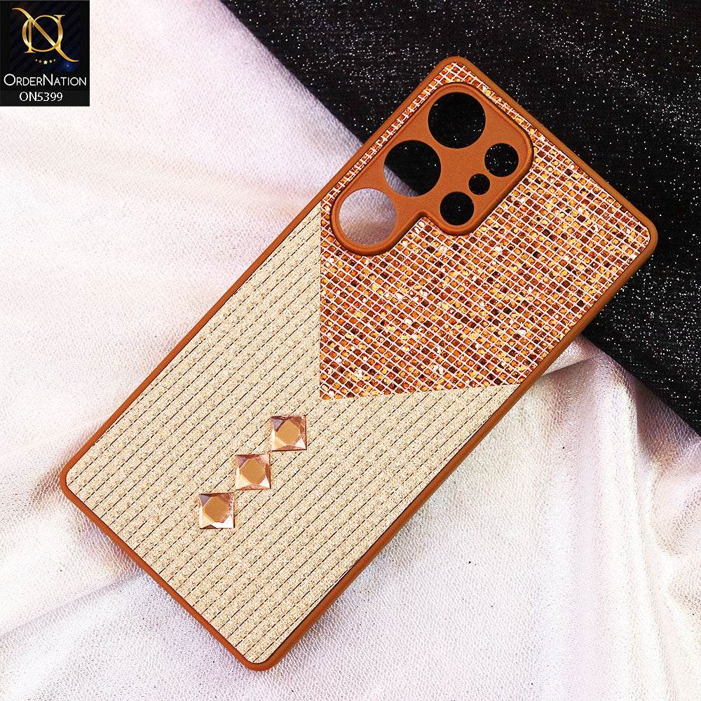 Samsung Galaxy S25 Ultra Cover - Brown - Luxury 3D Woven Pattern Shiny Soft Case With Camera Protection