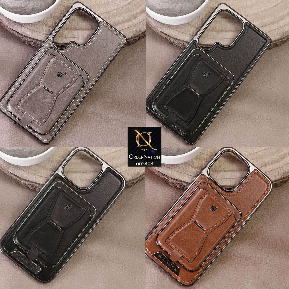 IPhone 16 Pro Max Cover - Brown - Rimbmax Premium Leather Protective Case With Portable Folding Bracket Card Holder - Futurestore.pk