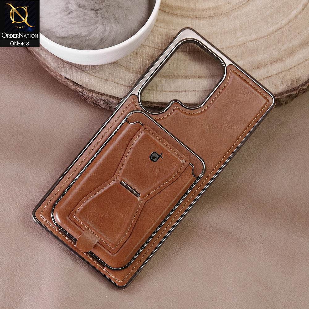 Samsung Galaxy S25 Ultra Cover - Brown - Rimbmax Premium Leather Protective Case With Portable Folding Bracket Card Holder - Futurestore.pk