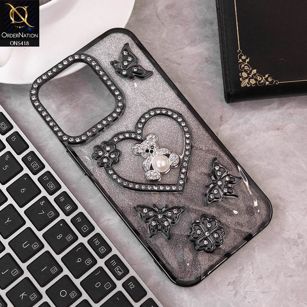 IPhone 16 Pro Max Cover - Black - Luxury Shiny Diamond 3D Butterfly Glitter with Love Heart Case - Futurestore.pk