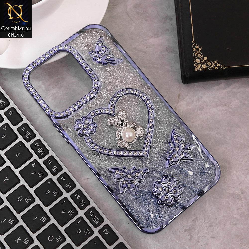 IPhone 16 Pro Max Cover - Blue - Luxury Shiny Diamond 3D Butterfly Glitter with Love Heart Case - Futurestore.pk