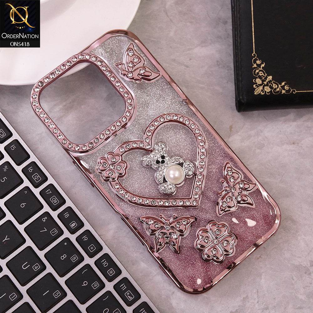 IPhone 16 Pro Max Cover - Rose Gold - Luxury Shiny Diamond 3D Butterfly Glitter with Love Heart Case