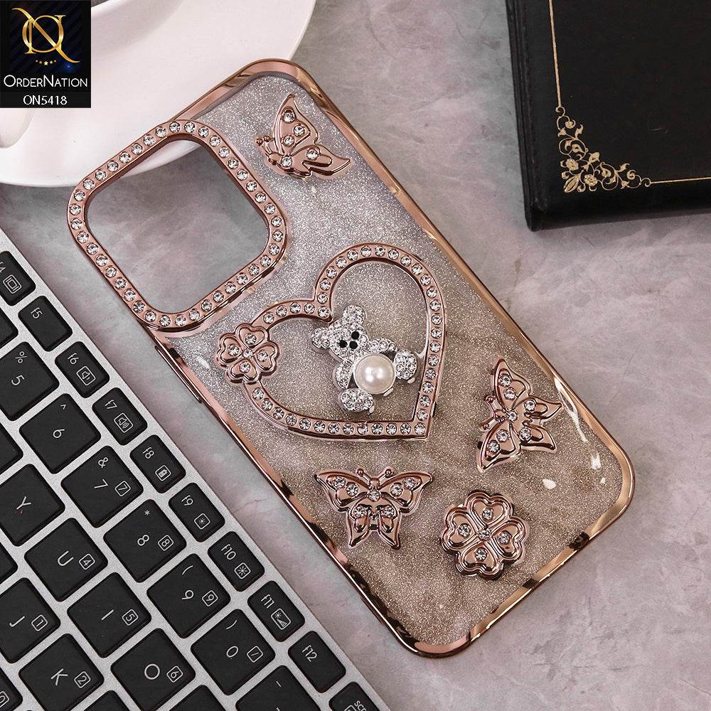 IPhone 16 Pro Max Cover - Golden - Luxury Shiny Diamond 3D Butterfly Glitter with Love Heart Case