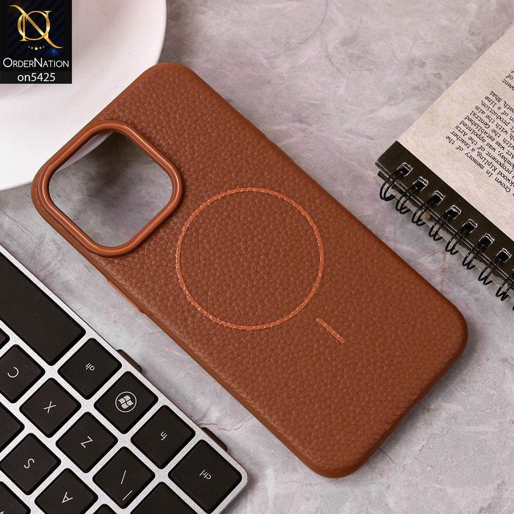 IPhone 16 Pro Max Cover - Brown - New Leather Texture Case With Magsafe Wireless Charging Soft Border Case
