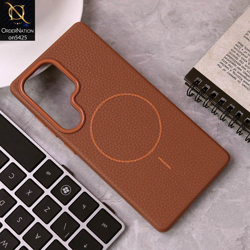 Samsung Galaxy S25 Ultra Cover - Brown - New Leather Texture Case With Magsafe Wireless Charging Soft Border Case