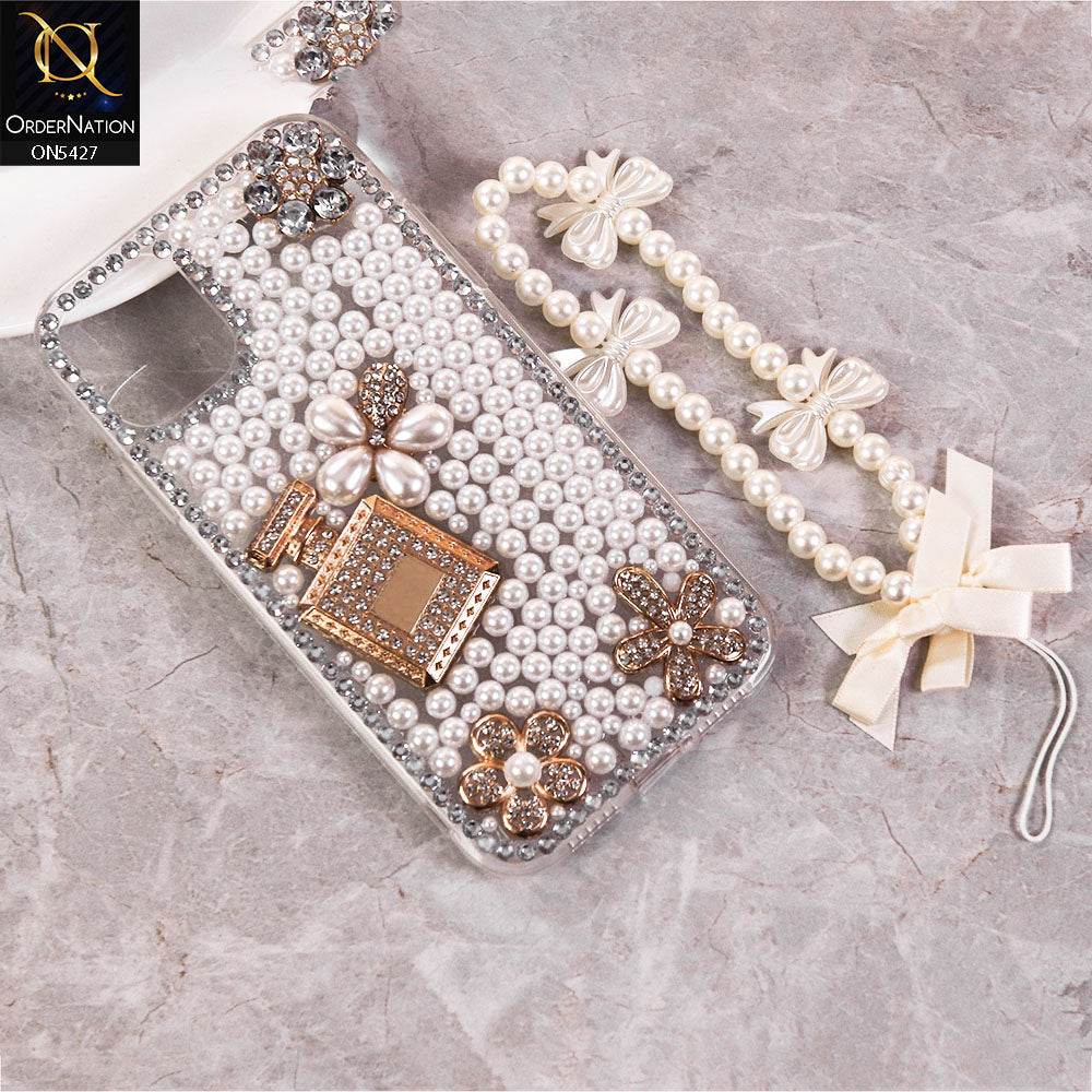 iPhone 13 Cover - White - Luxury Women Design Diamond And Heart Pearl Case - Futurestore.pk
