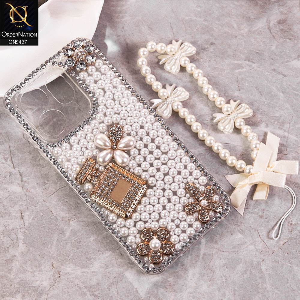 Infinix Smart 9 HD Cover - White - Luxury Women Design Diamond And Heart Pearl Case - Futurestore.pk
