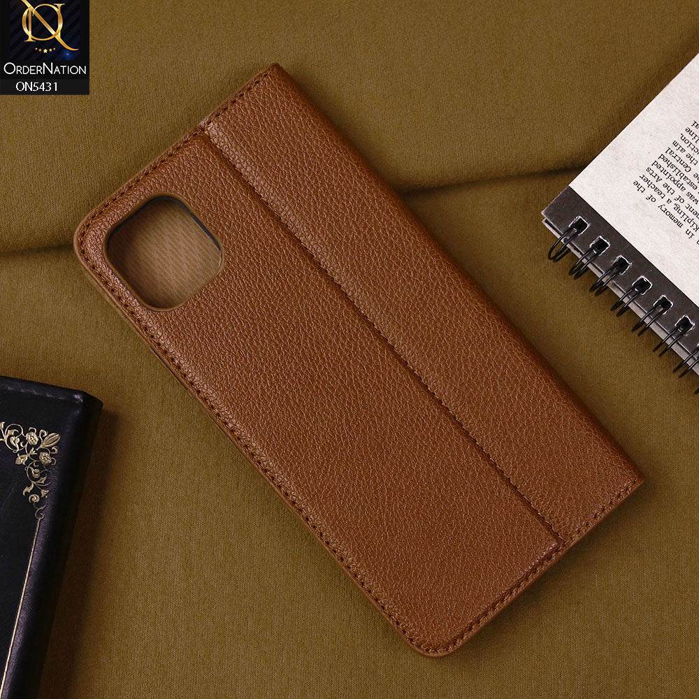 iPhone 13 Cover - Brown - Premium Leather Rich Boss Megantic Flip Book Covers With Card Holding Option - Futurestore.pk