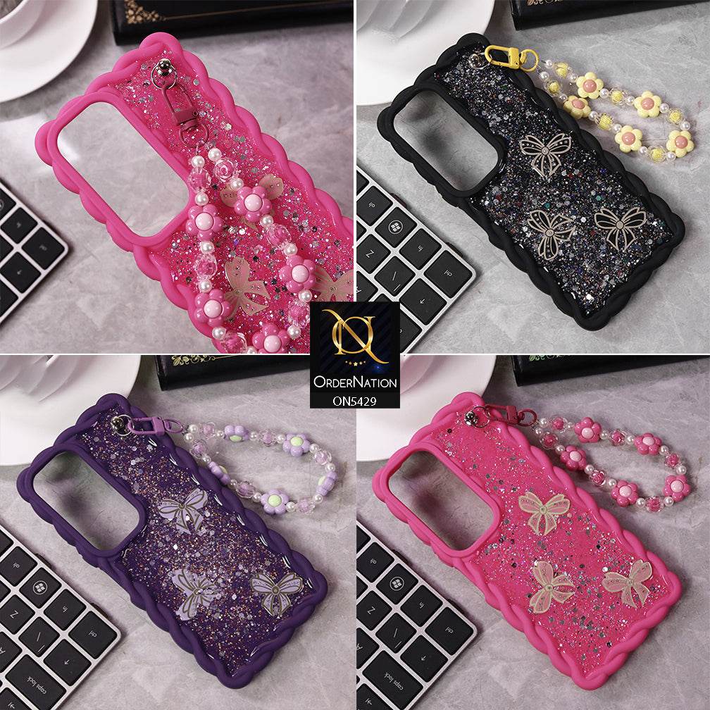 Infinix Smart 9 HD Cover - Pink - New Braid Style Borders Butterfly Shiny Glitter Soft Case With Beads Bracelet Holder (Glitter Does Not Move) - Futurestore.pk