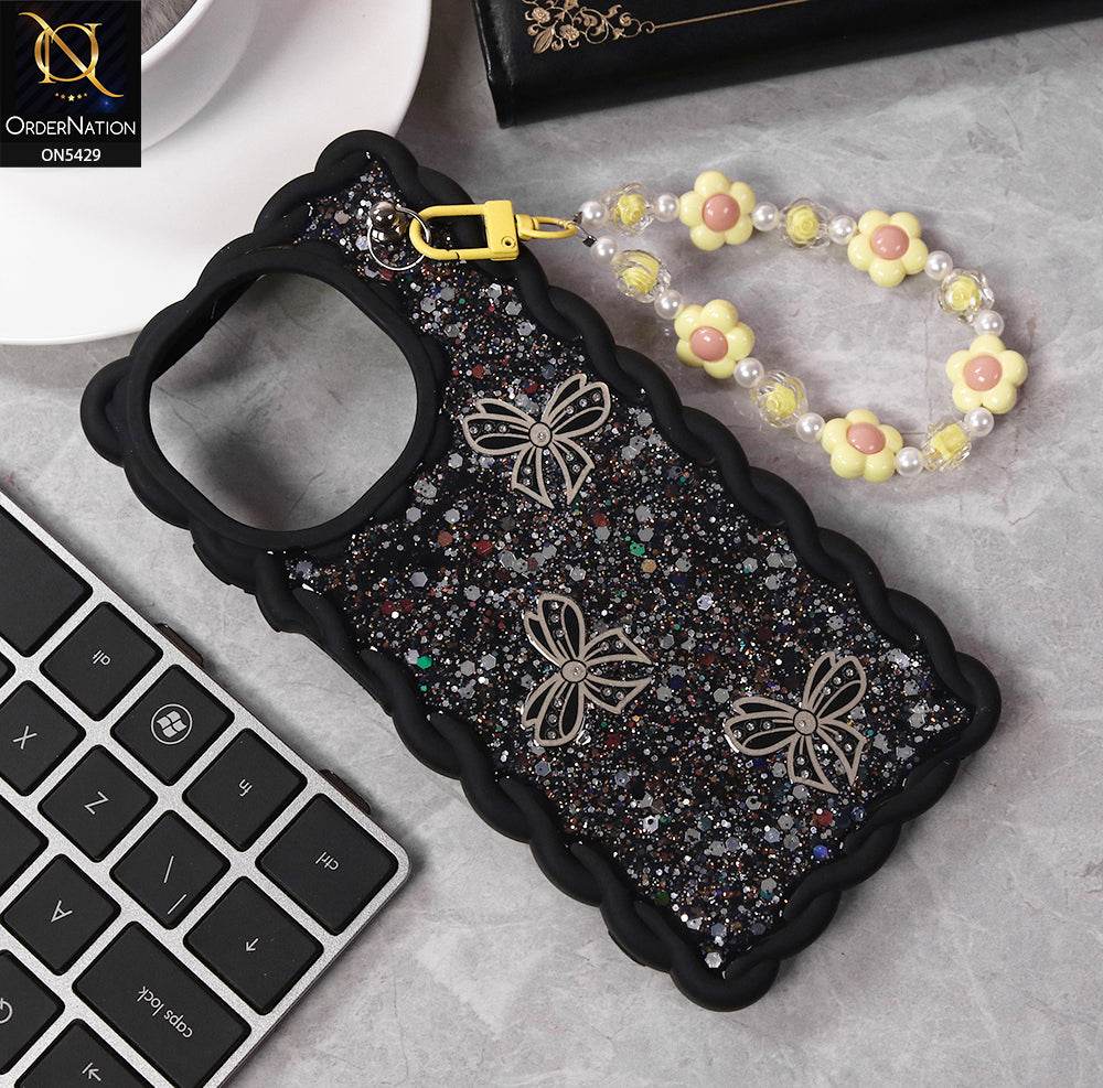 Infinix Smart 9 HD Cover - Black - New Braid Style Borders Butterfly Shiny Glitter Soft Case With Beads Bracelet Holder (Glitter Does Not Move) - Futurestore.pk