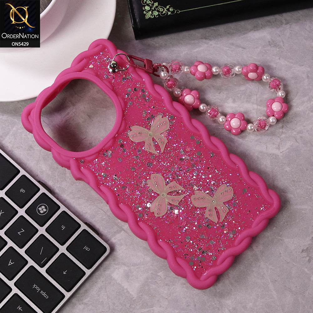 Infinix Smart 9 HD Cover - Pink - New Braid Style Borders Butterfly Shiny Glitter Soft Case With Beads Bracelet Holder (Glitter Does Not Move) - Futurestore.pk