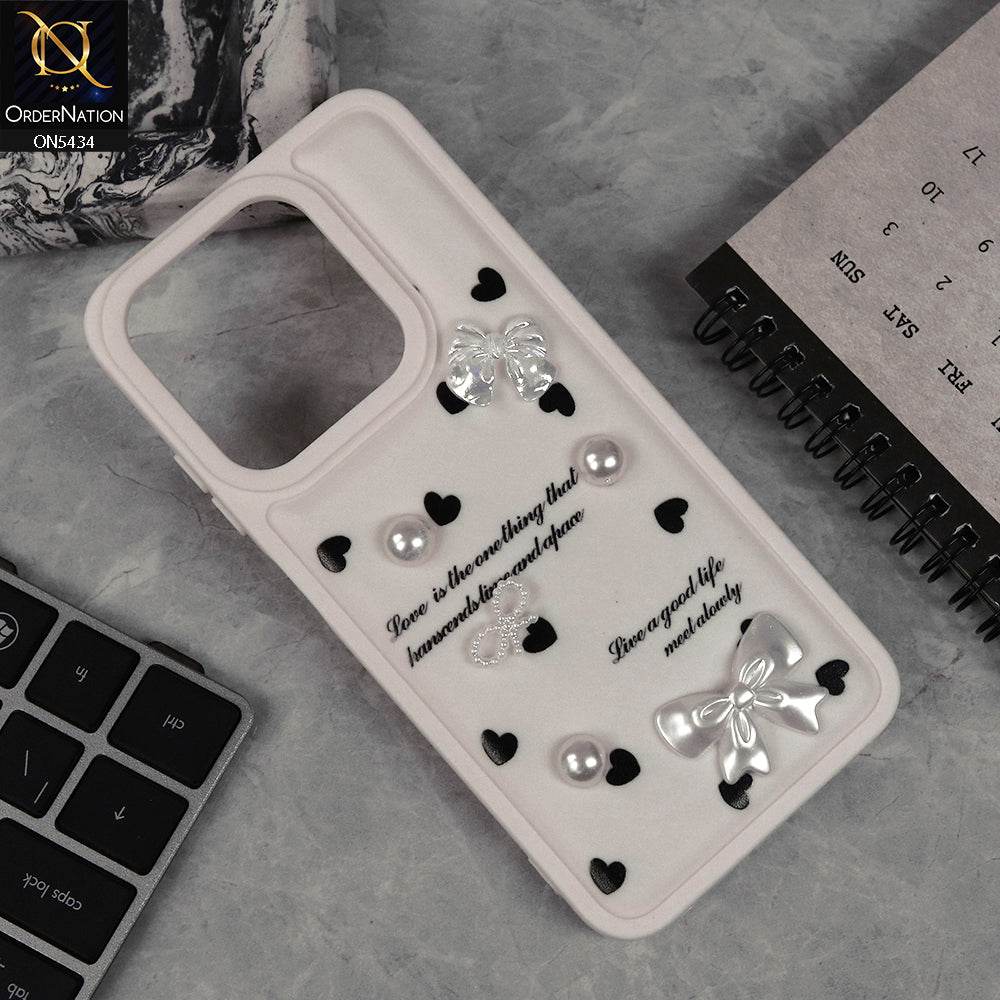 Infinix Smart 9 HD Cover - Off White - New Soft Silicone Case With Cute 3D Pearl Bow Knots Soft Borders Case - Futurestore.pk