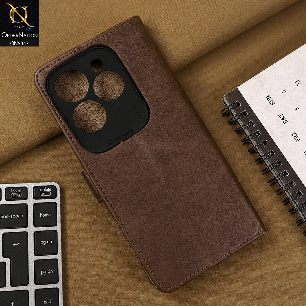 Infinix Hot 40 Cover - Dark Brown - Premium Leather Megantic Flip Book Covers With Card Holding Option