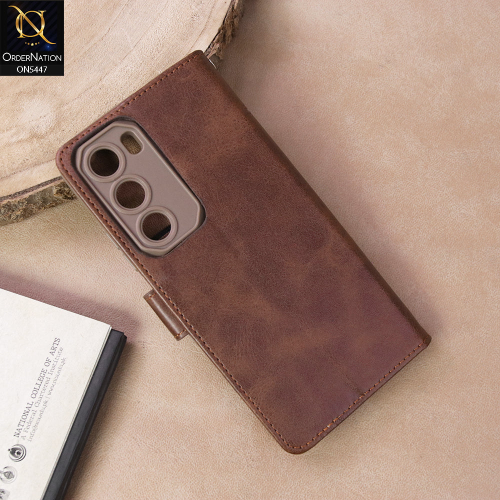 Infinix Hot 60i Cover - Dark Brown - Premium Leather Megantic Flip Book Covers With Card Holding Option