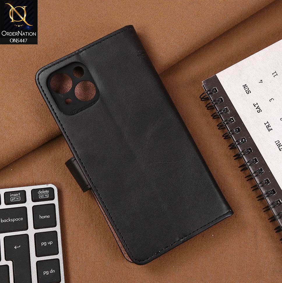 iPhone 13 Cover - Black - Premium Leather Megantic Flip Book Covers With Card Holding Option - Futurestore.pk