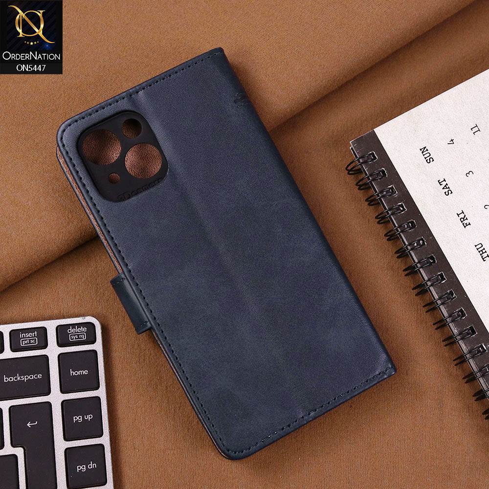 iPhone 13 Cover - Blue - Premium Leather Megantic Flip Book Covers With Card Holding Option - Futurestore.pk